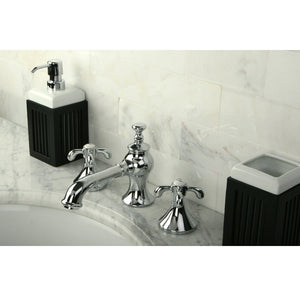 French Country Two-Handle 3-Hole Deck Mount Widespread Bathroom Faucet with Brass Pop-Up Drain