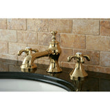 French Country Two-Handle 3-Hole Deck Mount Widespread Bathroom Faucet with Brass Pop-Up