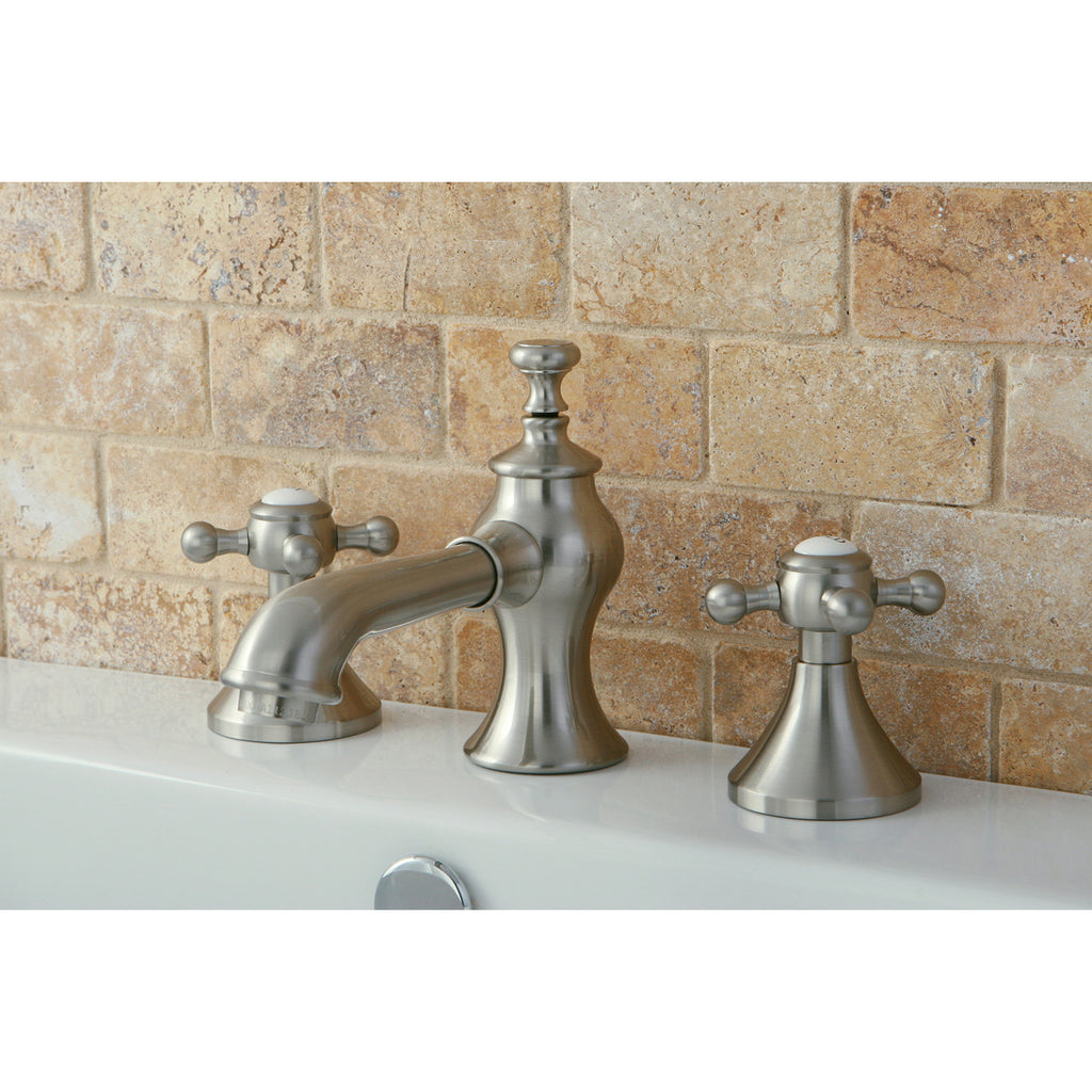 English Country Two-Handle 3-Hole Deck Mount Widespread Bathroom Faucet with Brass Pop-Up