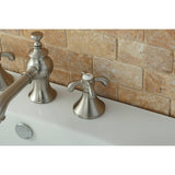 French Country Two-Handle 3-Hole Deck Mount Widespread Bathroom Faucet with Brass Pop-Up