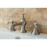 French Country Two-Handle 3-Hole Deck Mount Widespread Bathroom Faucet with Brass Pop-Up