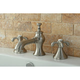 French Country Two-Handle 3-Hole Deck Mount Widespread Bathroom Faucet with Brass Pop-Up