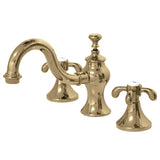 French Country Two-Handle 3-Hole Deck Mount Widespread Bathroom Faucet with Brass Pop-Up