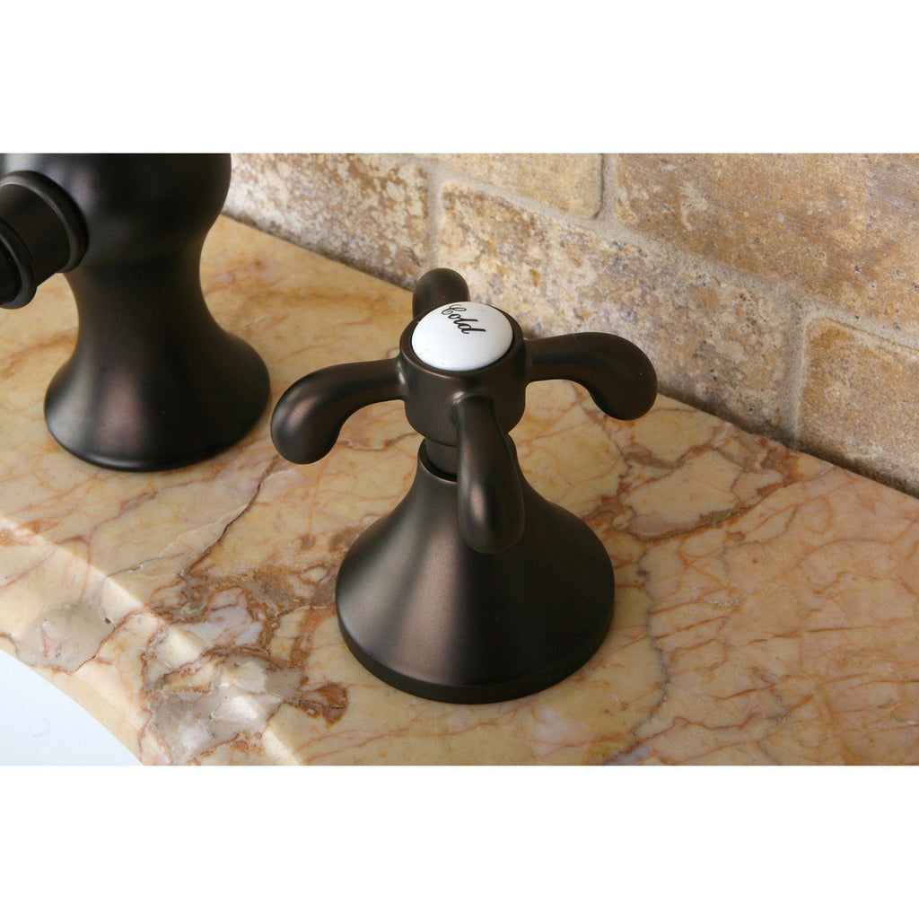 French Country Two-Handle 3-Hole Deck Mount Widespread Bathroom Faucet with Brass Pop-Up