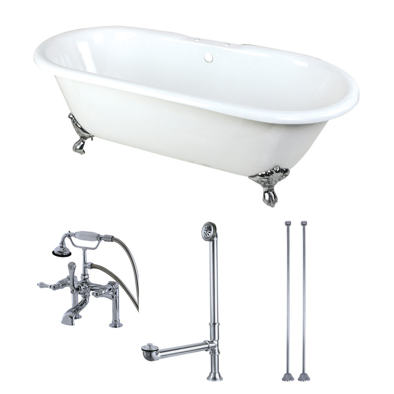 Aqua Eden 66-Inch Cast Iron Oval Double Ended Clawfoot Tub with Faucet Drain and Supply Lines Combo