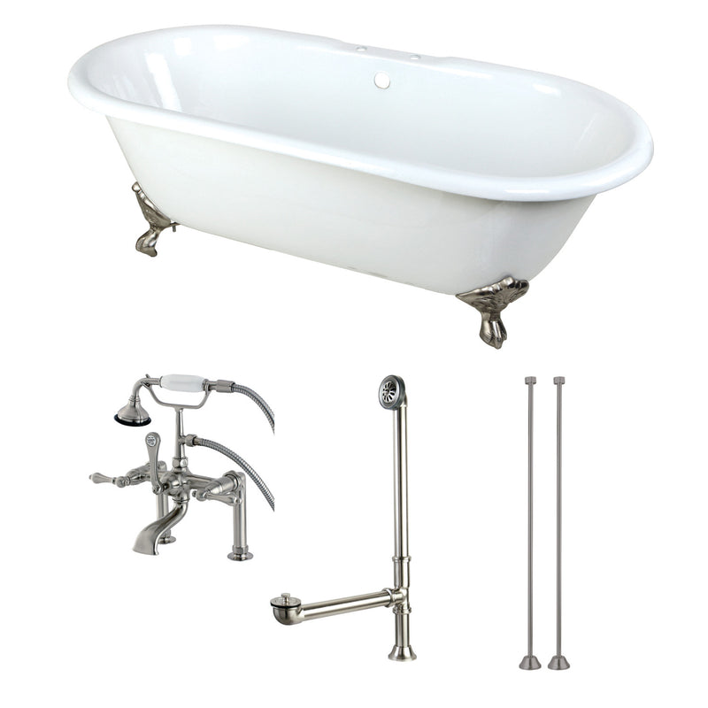 Aqua Eden 66-Inch Cast Iron Oval Double Ended Clawfoot Tub with Faucet Drain and Supply Lines Combo