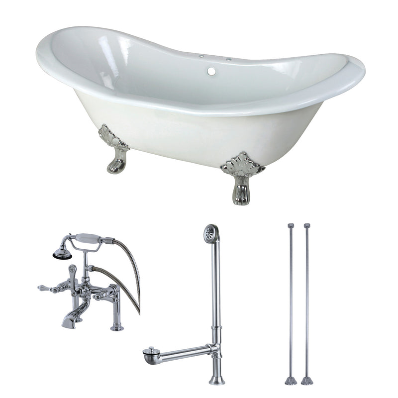 Aqua Eden 72-Inch Cast Iron Oval Double Slipper Clawfoot Tub with Faucet Drain and Supply Lines Combo