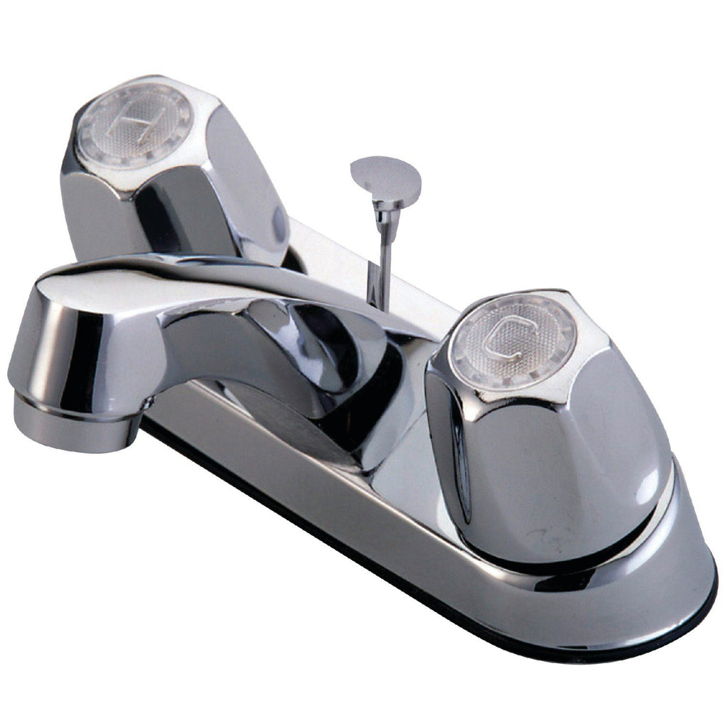 Two-Handle 2-Hole Deck Mount 4" Centerset Bathroom Faucet with Brass Pop-Up
