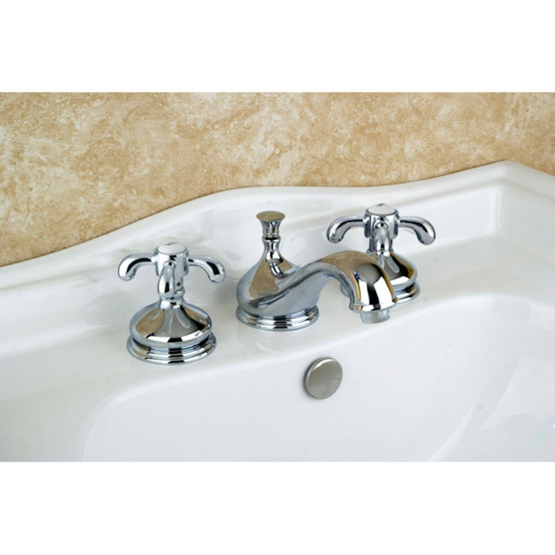 French Country Two-Handle 3-Hole Deck Mount Widespread Bathroom Faucet with Brass Pop-Up Drain