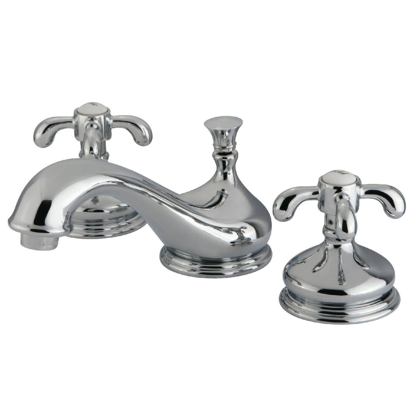 French Country Two-Handle 3-Hole Deck Mount Widespread Bathroom Faucet with Brass Pop-Up Drain