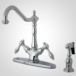 Tudor Two-Handle 1-or-3 Hole Deck Mount Kitchen Faucet with Brass Sprayer
