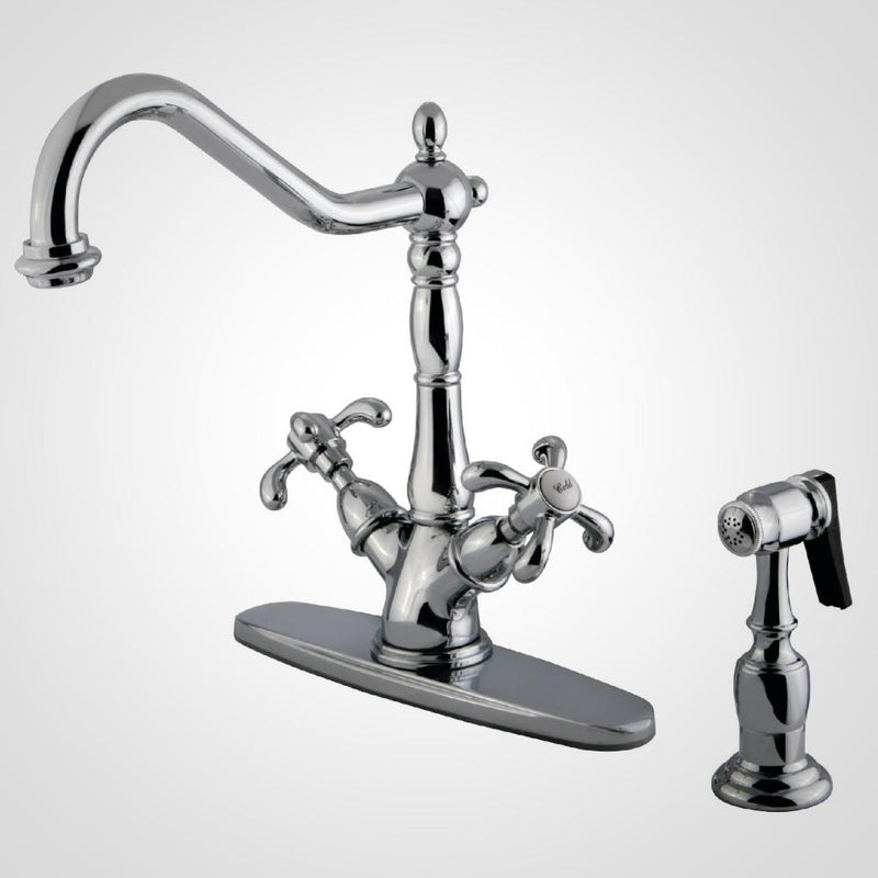 French Country Two-Handle 2-or-4 Hole Kitchen Faucet with Brass Sprayer