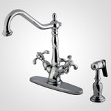 French Country Two-Handle 2-or-4 Hole Deck Mount Kitchen Faucet with Brass Sprayer