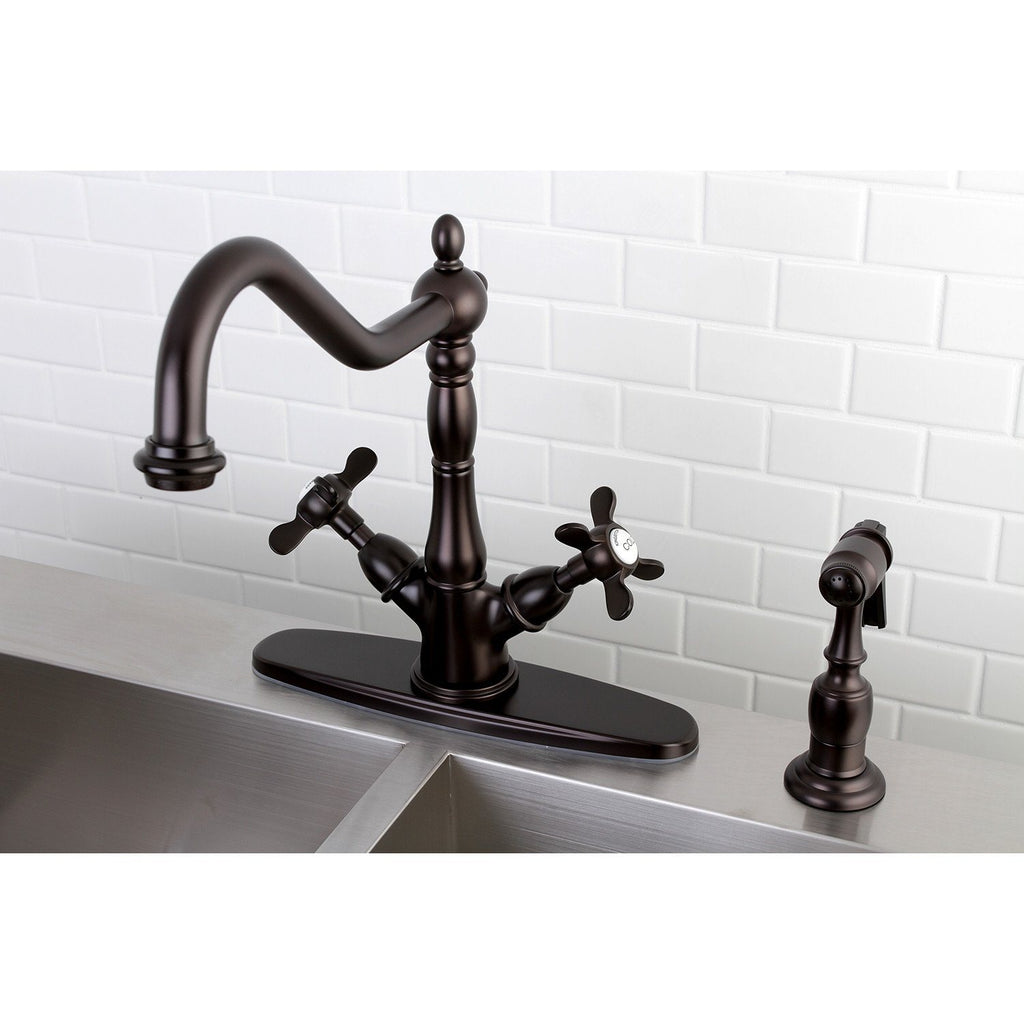 Essex Two-Handle 2-or-4 Hole Deck Mount Kitchen Faucet with Brass Sprayer