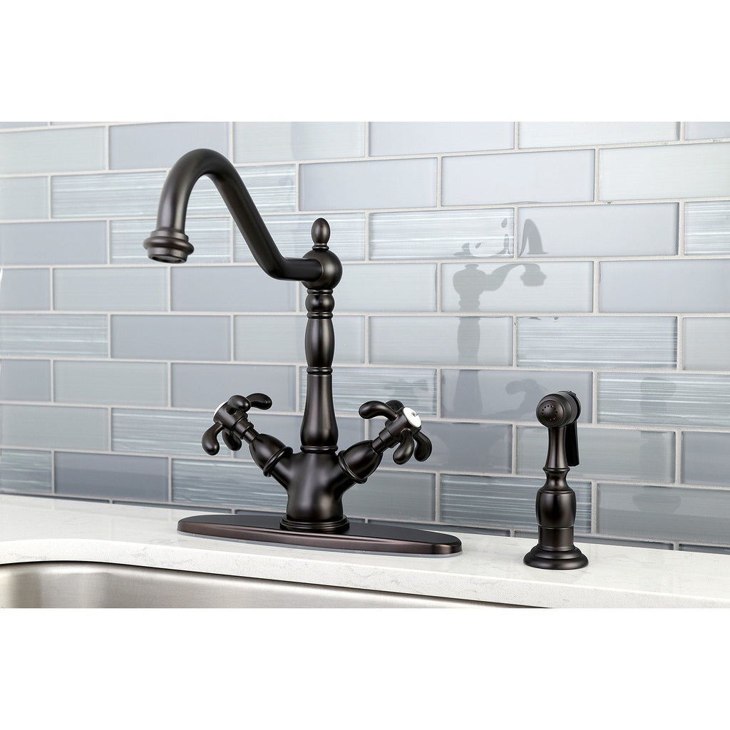 French Country Two-Handle 2-or-4 Hole Deck Mount Kitchen Faucet with Brass Sprayer