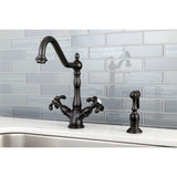 French Country Two-Handle 2-or-4 Hole Deck Mount Kitchen Faucet with Brass Sprayer