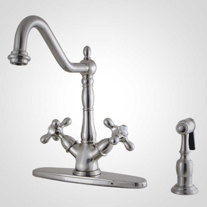 Heritage Two-Handle 2-or-4 Hole Kitchen Faucet with Brass Sprayer