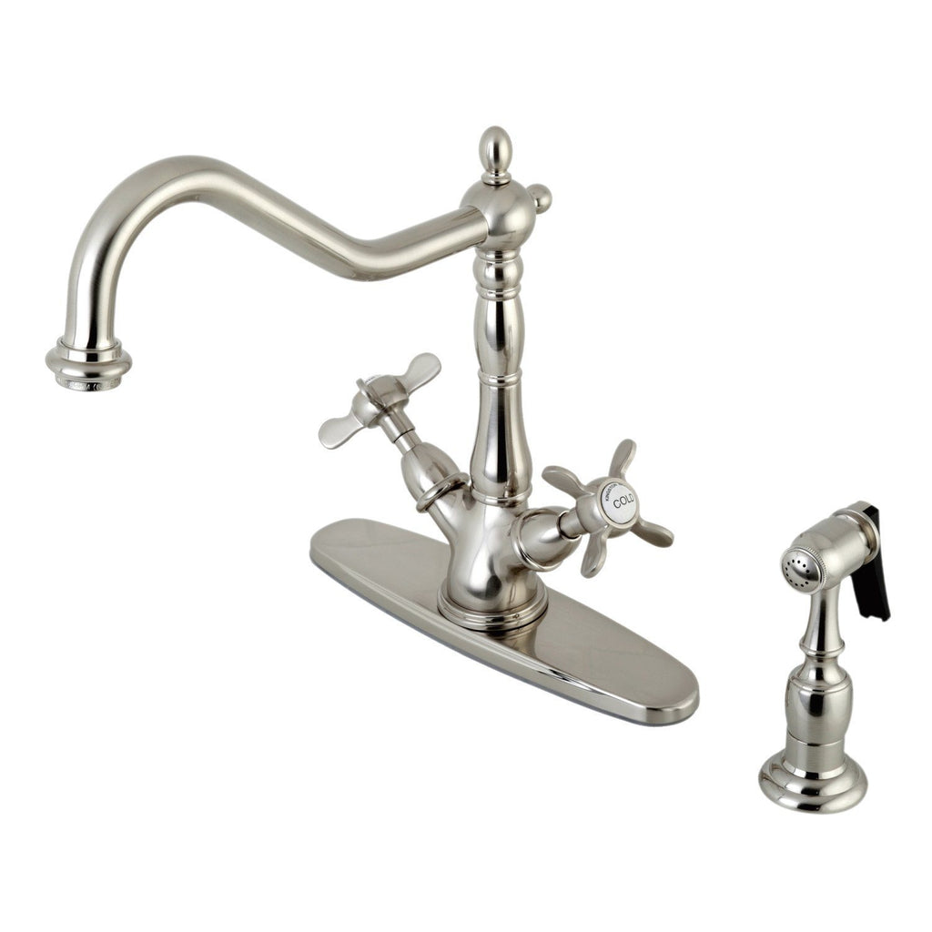 Essex Two-Handle 2-or-4 Hole Deck Mount Kitchen Faucet with Brass Sprayer