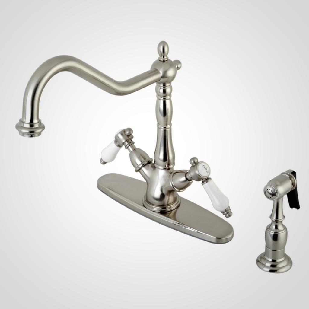 Bel-Air Two-Handle 2-or-4 Hole Deck Mount Kitchen Faucet with Brass Sprayer