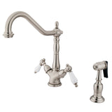 Heritage Two-Handle 2-or-4 Hole Deck Mount Kitchen Faucet with Brass Sprayer