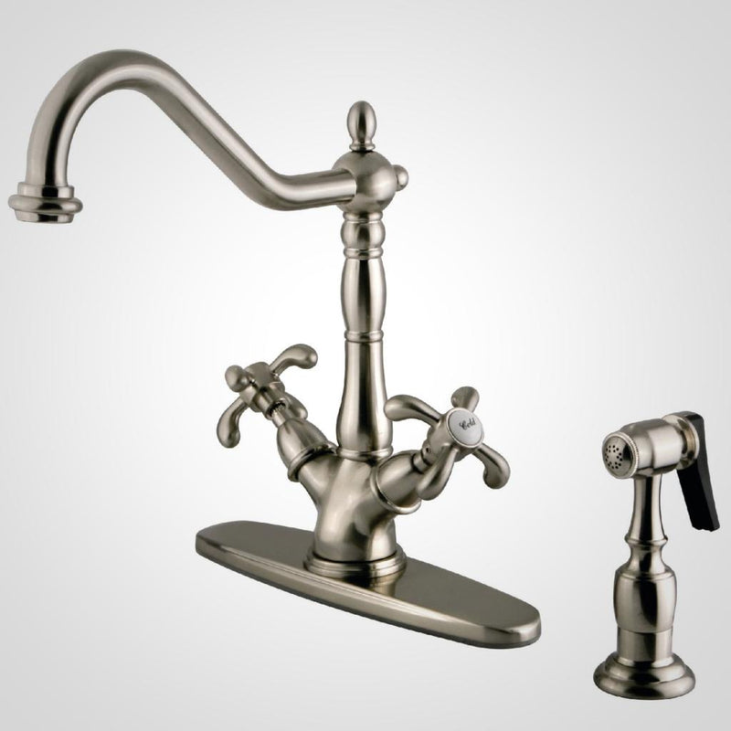 French Country Two-Handle 2-or-4 Hole Kitchen Faucet with Brass Sprayer