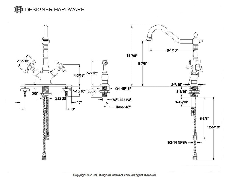 Heritage Two-Handle 2-or-4 Hole Kitchen Faucet with Brass Sprayer