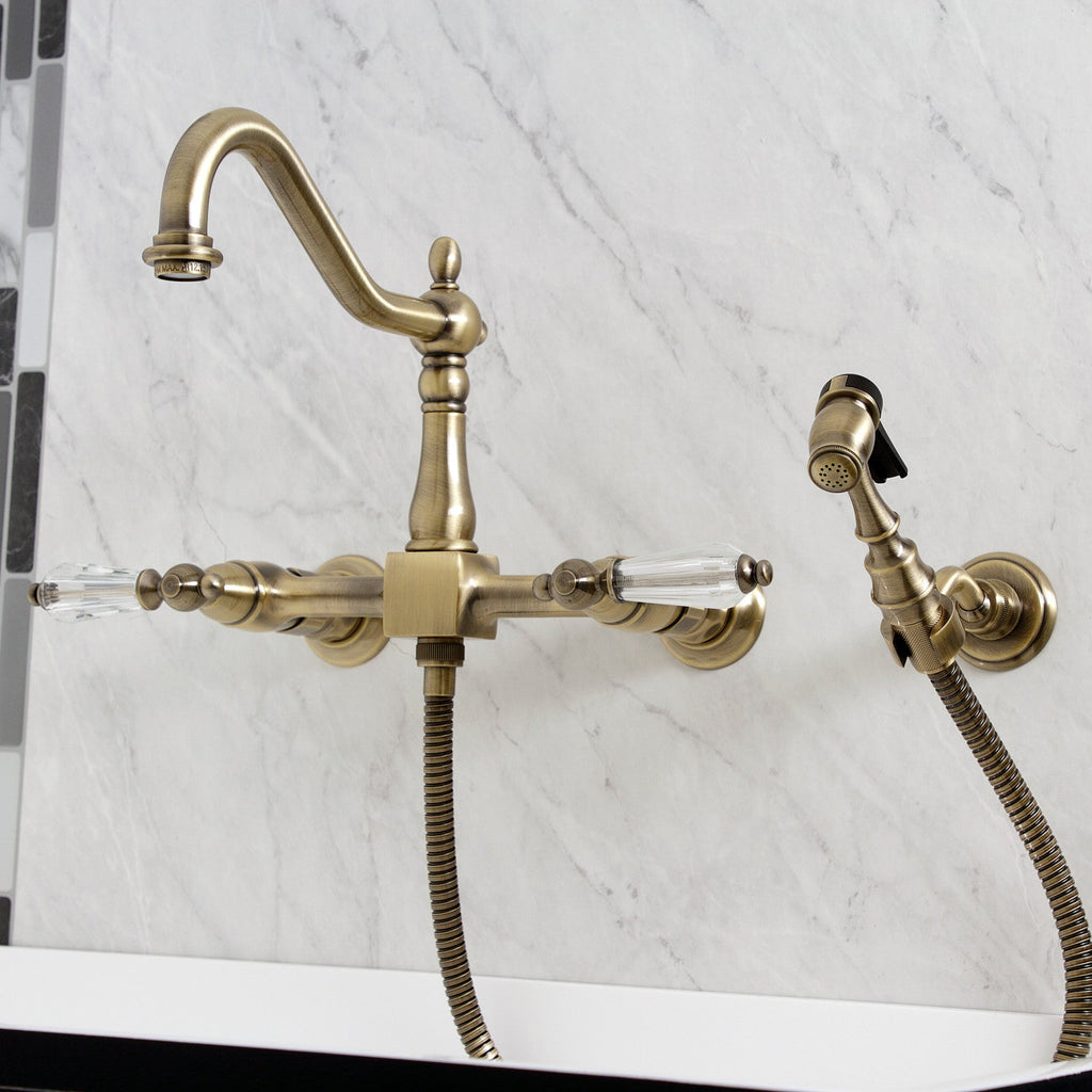 Wilshire Two-Handle 2-Hole Wall Mount Bridge Kitchen Faucet with Brass Sprayer