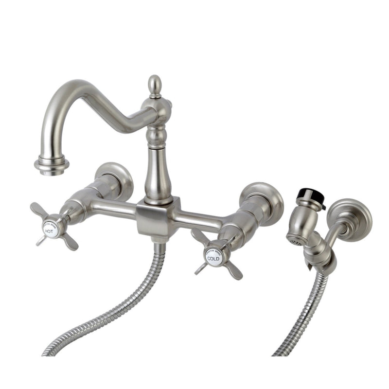 Essex Double-Handle 3-Hole Wall-Mount Bridge Kitchen Faucet with Brass Sprayer
