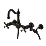 Heritage Double-Handle 3-Hole Wall-Mount Bridge Kitchen Faucet with Brass Sprayer