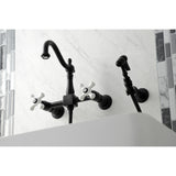 Heritage Double-Handle 3-Hole Wall-Mount Bridge Kitchen Faucet with Brass Sprayer