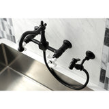 Heritage Double-Handle 3-Hole Wall-Mount Bridge Kitchen Faucet with Brass Sprayer