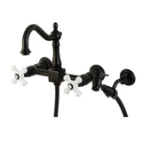 Heritage Double-Handle 3-Hole Wall-Mount Bridge Kitchen Faucet with Brass Sprayer