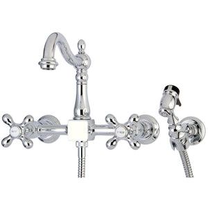 Heritage Double-Handle 3-Hole Wall-Mount Bridge Kitchen Faucet with Brass Sprayer