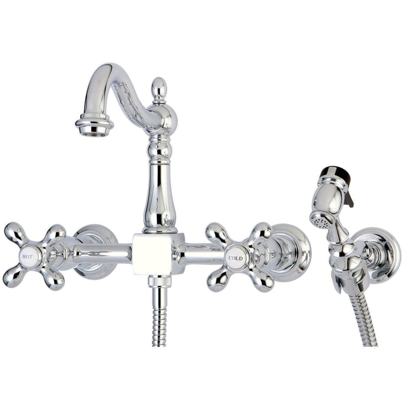 Heritage Double-Handle 3-Hole Wall-Mount Bridge Kitchen Faucet with Brass Sprayer