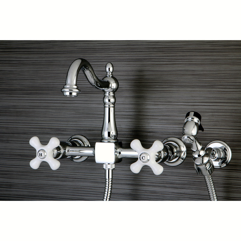 Heritage Double-Handle 3-Hole Wall-Mount Bridge Kitchen Faucet with Brass Sprayer