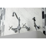 Heritage Double-Handle 3-Hole Wall-Mount Bridge Kitchen Faucet with Brass Sprayer