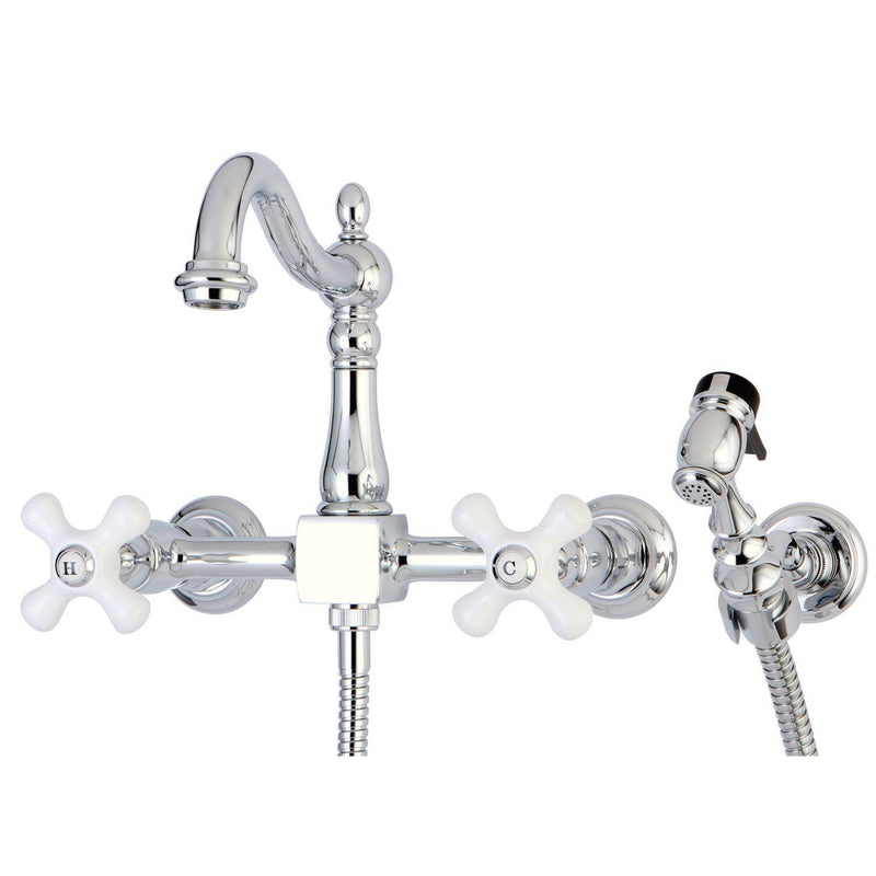 Heritage Double-Handle 3-Hole Wall-Mount Bridge Kitchen Faucet with Brass Sprayer