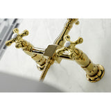 Heritage Double-Handle 3-Hole Wall-Mount Bridge Kitchen Faucet with Brass Sprayer
