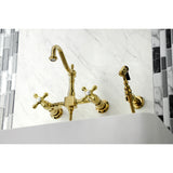 Heritage Double-Handle 3-Hole Wall-Mount Bridge Kitchen Faucet with Brass Sprayer