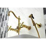 Heritage Double-Handle 3-Hole Wall-Mount Bridge Kitchen Faucet with Brass Sprayer