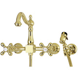 Heritage Double-Handle 3-Hole Wall-Mount Bridge Kitchen Faucet with Brass Sprayer