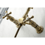 Heritage Double-Handle 3-Hole Wall-Mount Bridge Kitchen Faucet with Brass Sprayer