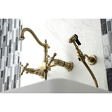 Heritage Double-Handle 3-Hole Wall-Mount Bridge Kitchen Faucet with Brass Sprayer