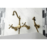 Heritage Double-Handle 3-Hole Wall-Mount Bridge Kitchen Faucet with Brass Sprayer