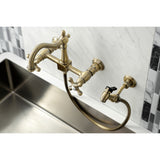 Heritage Double-Handle 3-Hole Wall-Mount Bridge Kitchen Faucet with Brass Sprayer
