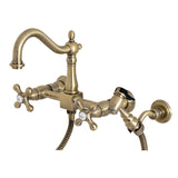 Heritage Double-Handle 3-Hole Wall-Mount Bridge Kitchen Faucet with Brass Sprayer