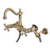 Heritage Two-Handle 2-Hole Wall Mount Bridge Kitchen Faucet with Brass Sprayer