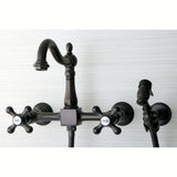 Heritage Double-Handle 3-Hole Wall-Mount Bridge Kitchen Faucet with Brass Sprayer