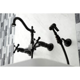 Heritage Double-Handle 3-Hole Wall-Mount Bridge Kitchen Faucet with Brass Sprayer