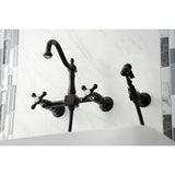 Heritage Double-Handle 3-Hole Wall-Mount Bridge Kitchen Faucet with Brass Sprayer